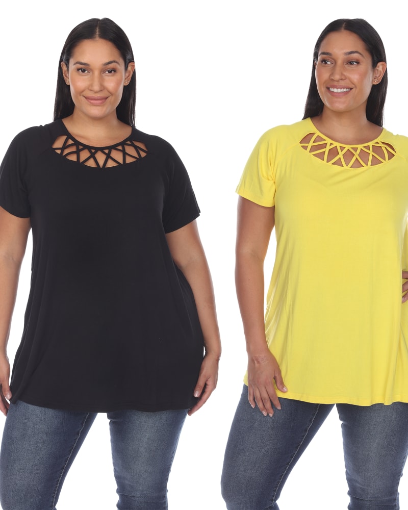 Front of a model wearing a size 2X Essential 2 Pack Crisscross Short Sleeve Top in Black Yellow by White Mark. | dia_product_style_image_id:249980
